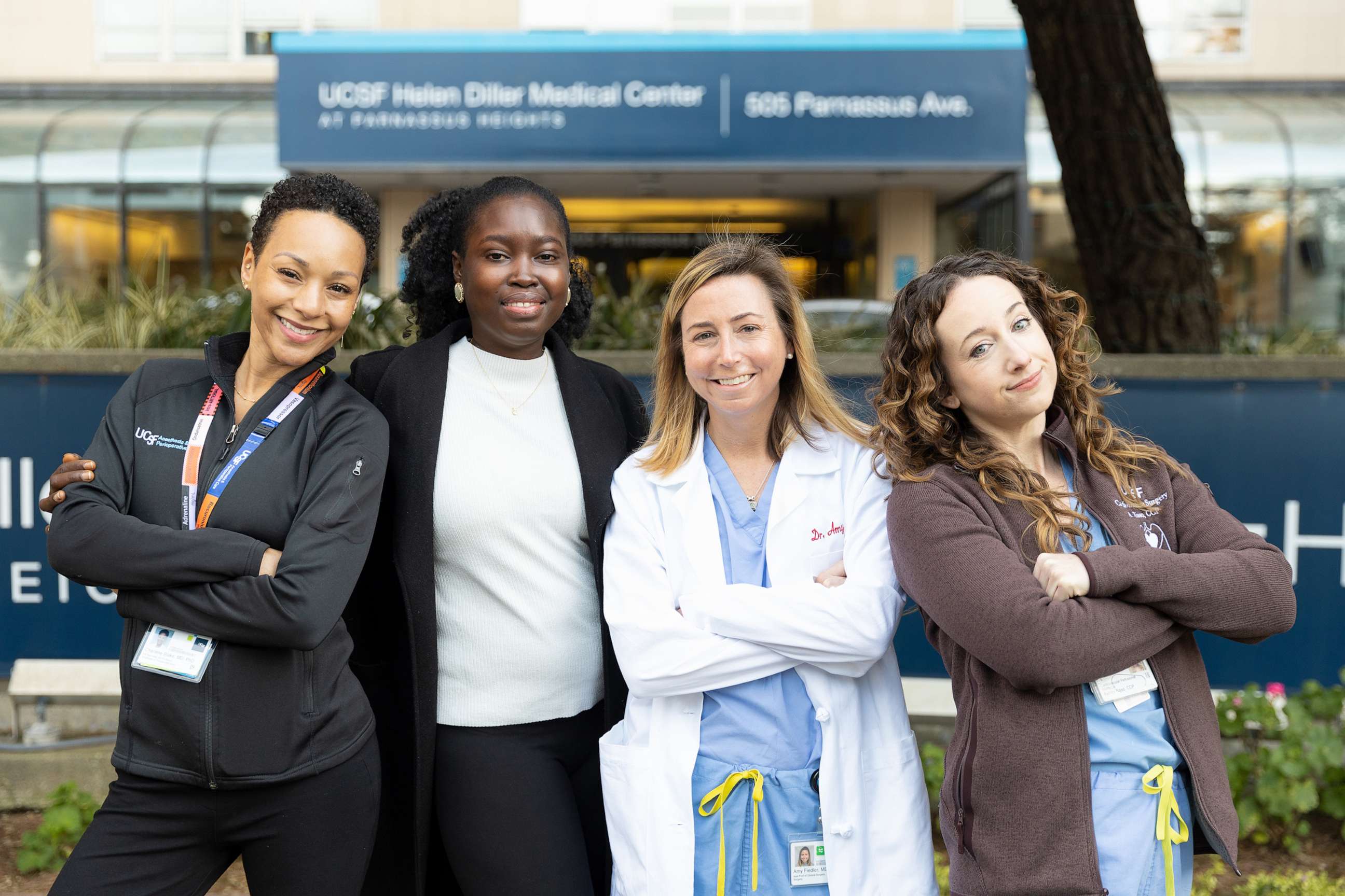 PHOTO: Dr. Charlene Blake (far left), Dr. Amy Fiedler (third from left), and perfusionist Ashley Risso (far right) were part of an all-women team that performed a heart transplant for patient Fatou Gaye (second from left).