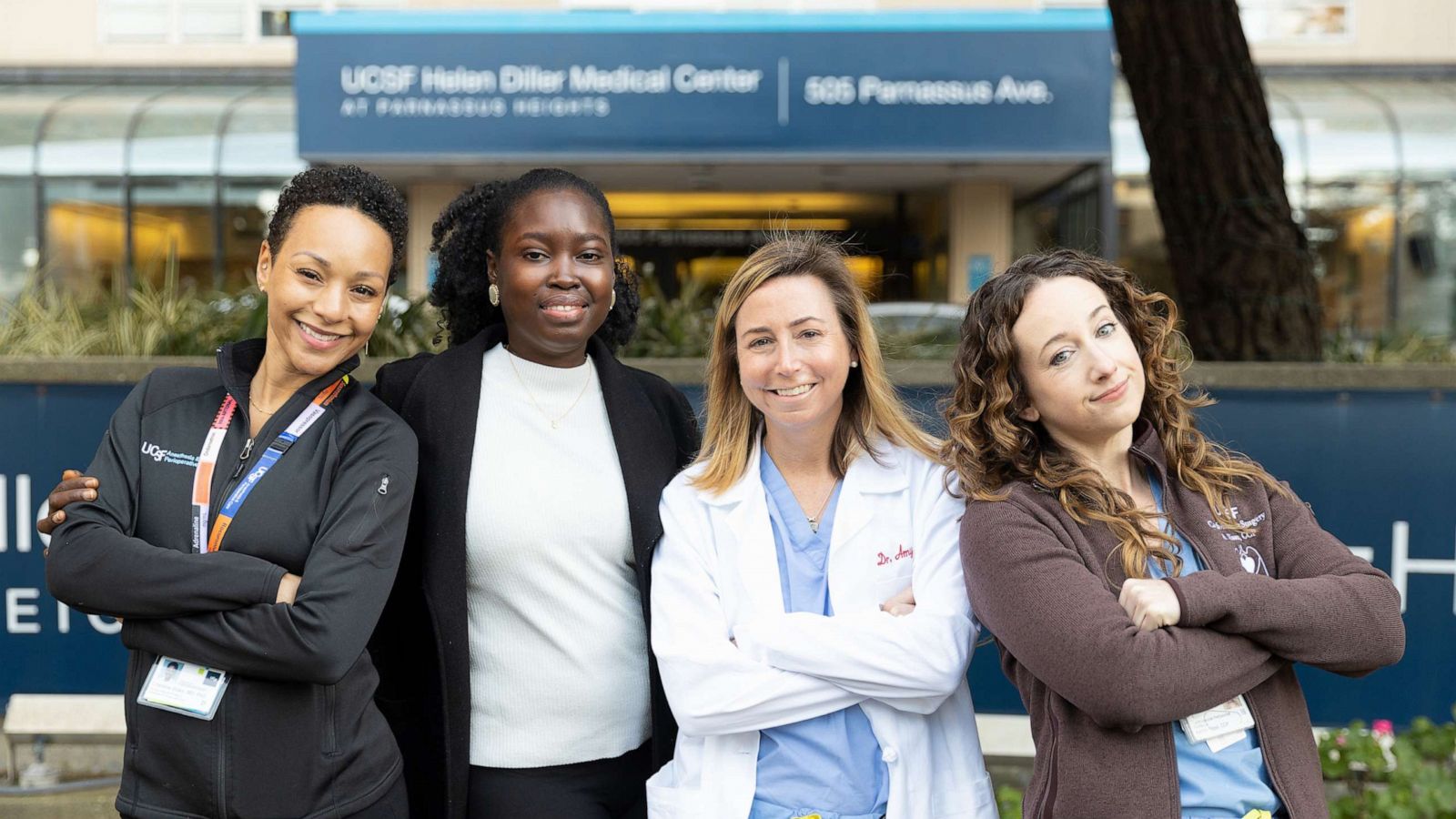 PHOTO: Dr. Charlene Blake (far left), Dr. Amy Fiedler (third from left), and perfusionist Ashley Risso (far right) were part of an all-women team that performed a heart transplant for patient Fatou Gaye (second from left).