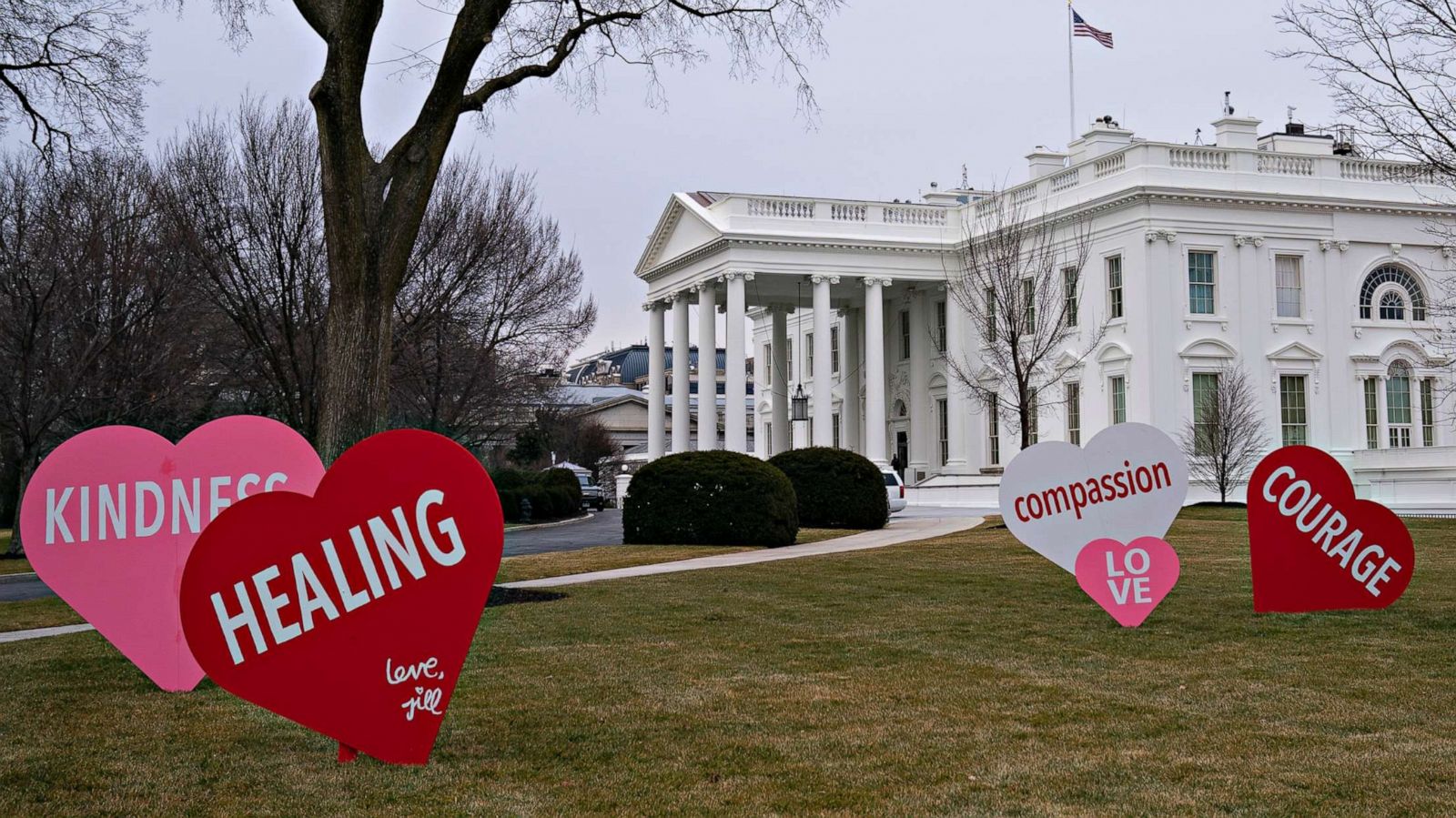 PHOTO: First Lady Jill Biden has installed giant Valentine’s messaged on the North Lawn of the White House early on Feb. 12, 2021.