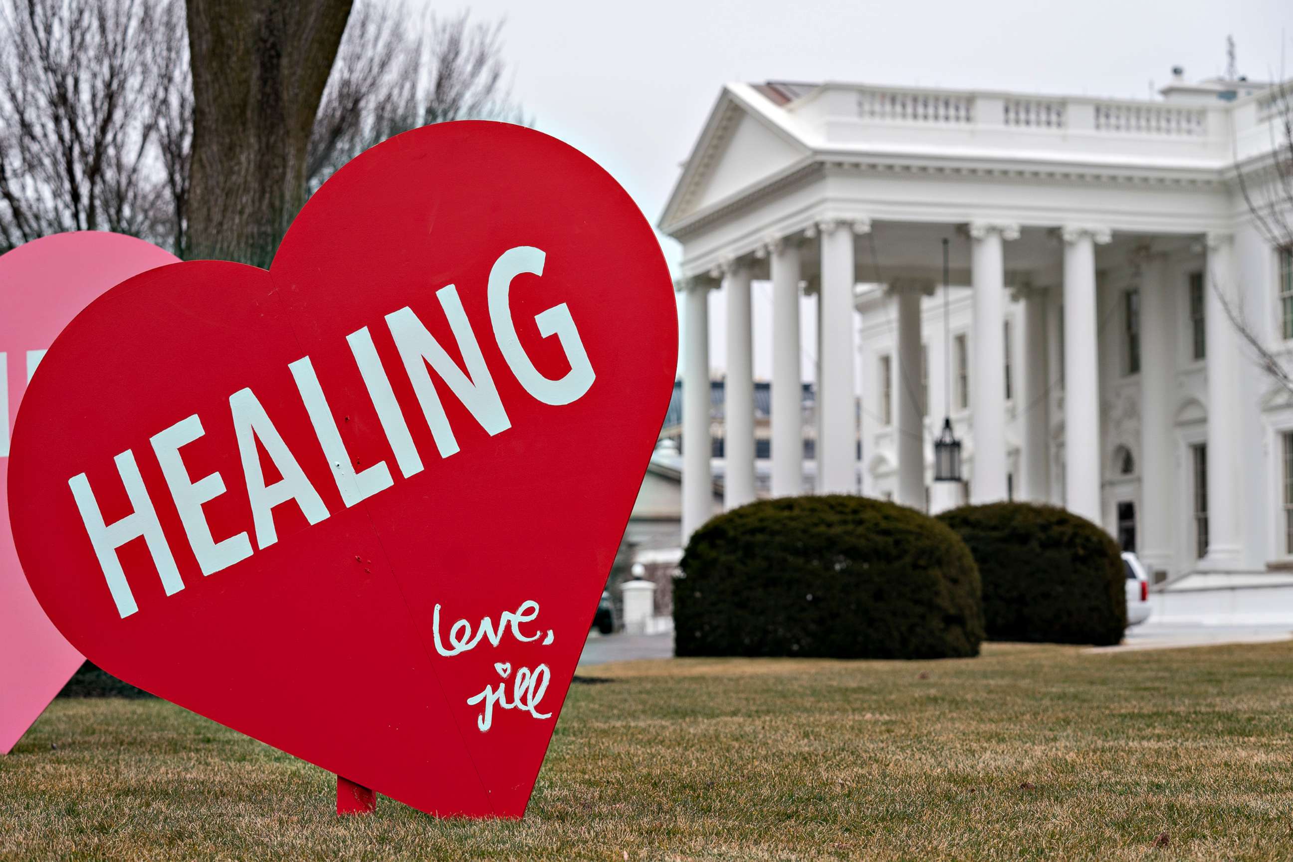 PHOTO: First Lady Jill Biden has installed giant Valentine's messaged on the North Lawn of the White House early on Feb. 12, 2021.