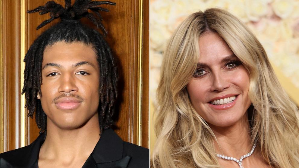 PHOTO: In this split image, Henry Samuel poses backstage at Paris Fashion Week at Hotel le Marois on Jan. 28, 2025 in Paris, and his mom, Heidi Klum arrives at the Golden Globe Awards at the Beverly Hilton hotel in Beverly Hills, Calif., on Jan. 5, 2025.