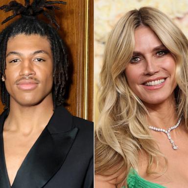 PHOTO: In this split image, Henry Samuel poses backstage at Paris Fashion Week at Hotel le Marois on Jan. 28, 2025 in Paris, and his mom, Heidi Klum arrives at the Golden Globe Awards at the Beverly Hilton hotel in Beverly Hills, Calif., on Jan. 5, 2025.