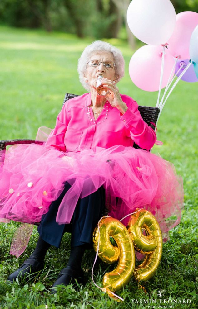 PHOTO: Helen Coggin of High Point, N.C., celebrates her 99th birthday on June 12, 2019, with a photo shoot full of confetti, champagne and balloons.