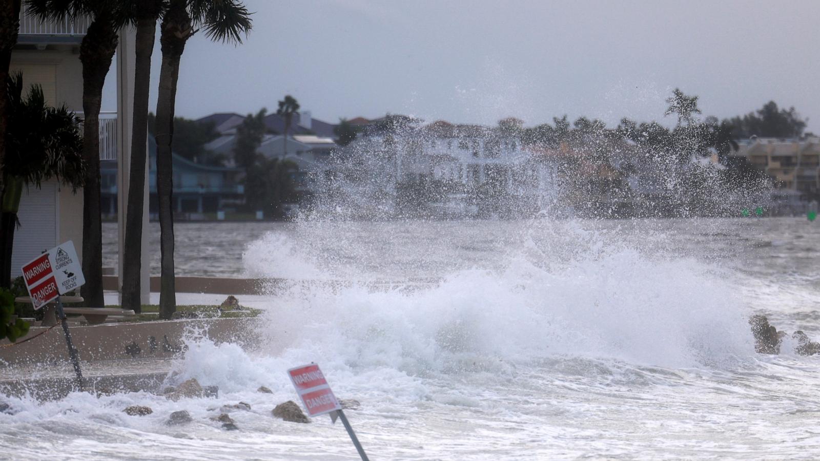 PHOTO: Waves from the Gulf of Mexico crash on shore as Hurricane Helene churns offshore on September 26, 2024 in St. Pete Beach, Florida.