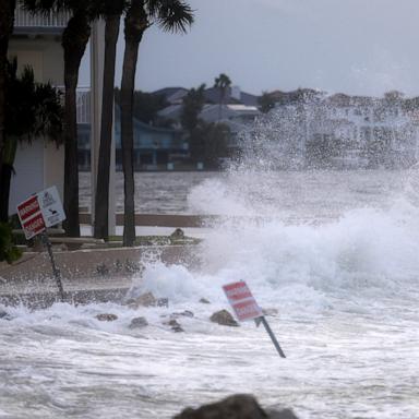 PHOTO: Waves from the Gulf of Mexico crash on shore as Hurricane Helene churns offshore on September 26, 2024 in St. Pete Beach, Florida.