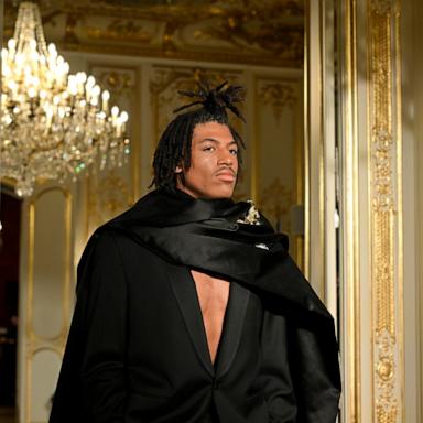 PHOTO: Henry Gunther Ademola Dashtu Samuel walks the runway during the Lena Erziak Haute Couture Spring-Summer 2025 show as part of Paris Fashion Week at Hotel Le Marois, on Jan. 28, 2025, in Paris.