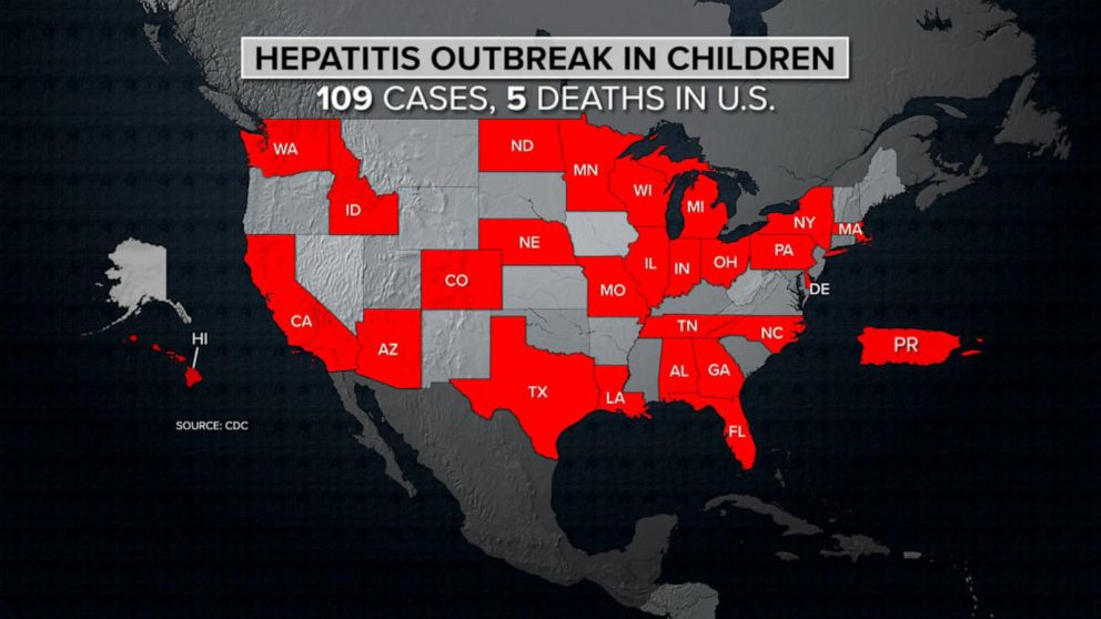 PHOTO: This map of the United States shows states with reported cases of hepatitis in kids.