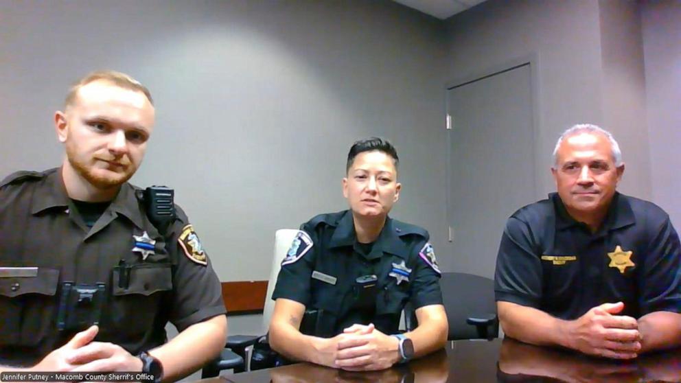 PHOTO: Macomb County Deputies Anthony Gross and Nicole Miron and Macomb County Sheriff Anthony Wickersham appear on “Good Morning America” Sept. 19, 2024.