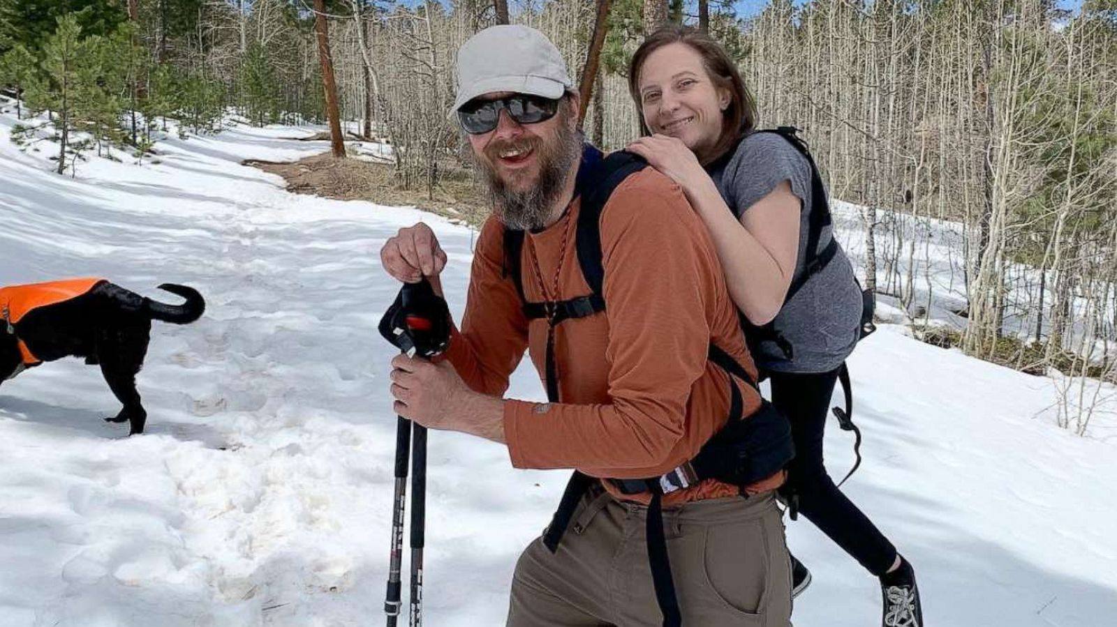 PHOTO: Friends Melanie Knecht and Trevor Hahn have found a creative way to hike together that plays to their strengths.