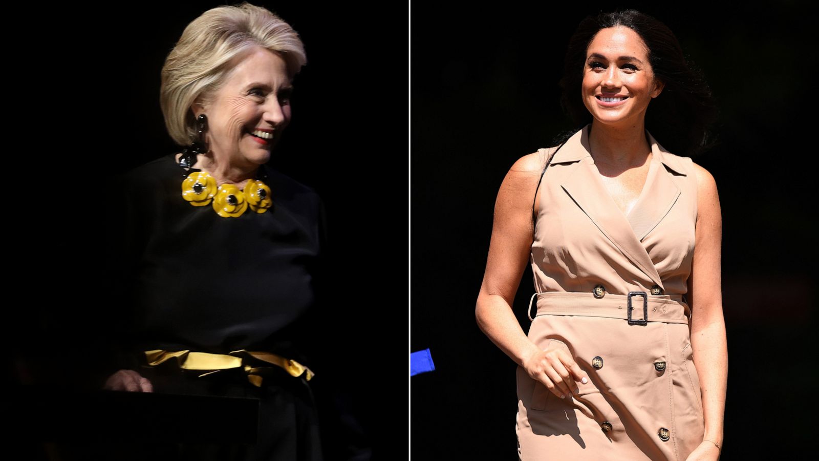 PHOTO: Hillary Clinton speaks during an event in New York, Nov. 12, 2018. | Meghan, Duchess of Sussex, visits the University of Johannesburg in Johannesburg, Oct. 1, 2019.