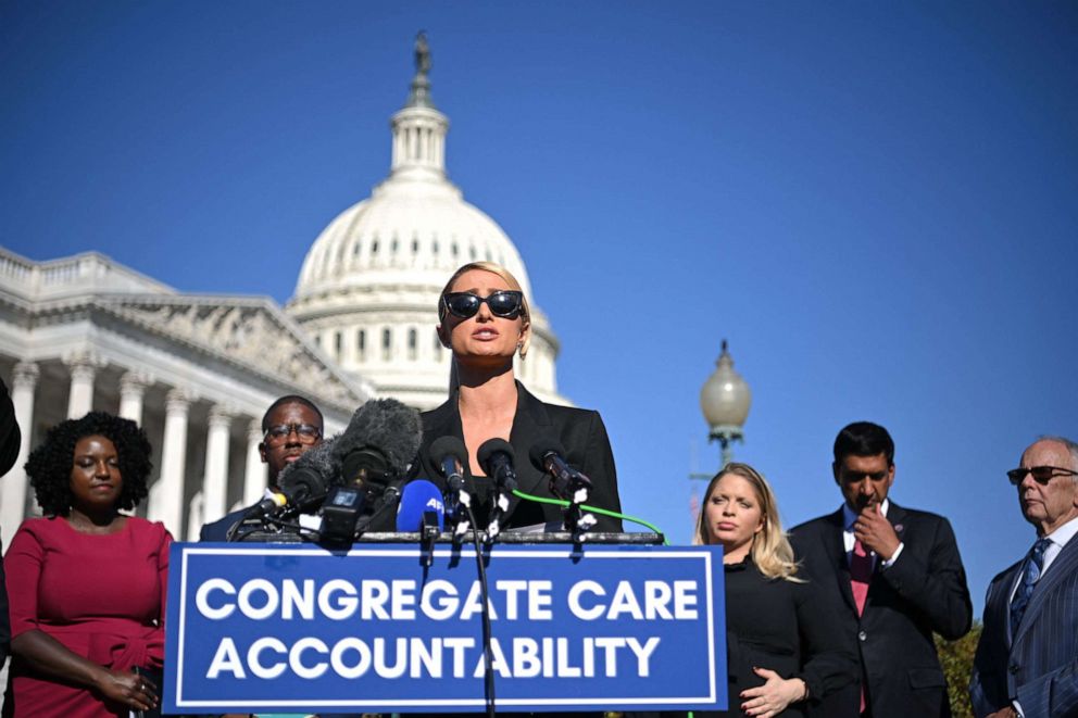 PHOTO: Paris Hilton speaks alongside congressional lawmakers during a press conference on legislation to establish a bill of rights to protect children placed in congregate care facilities, at the US Capitol in Washington on Oct., 20, 2021.