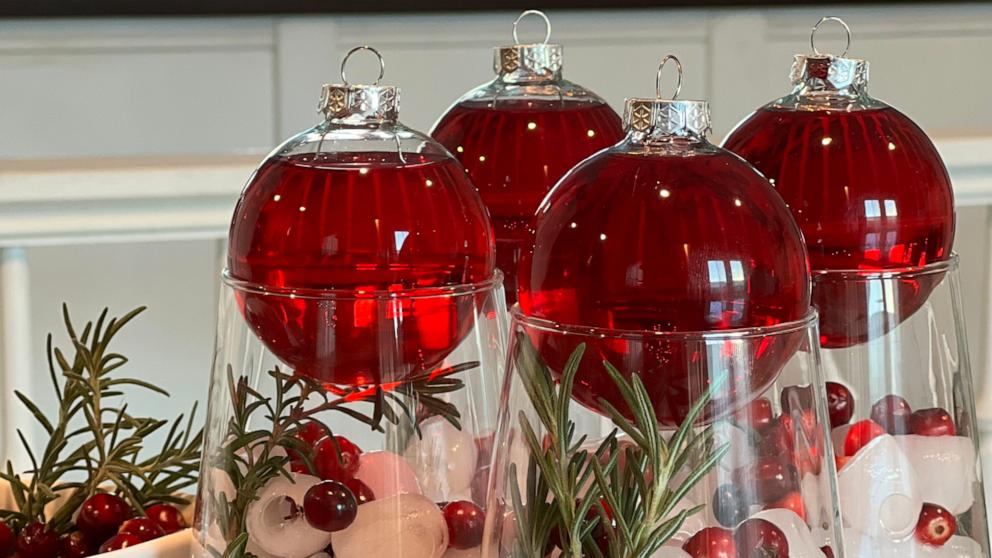 PHOTO: A festive holiday mocktail with cranberry juice filled ornaments. 