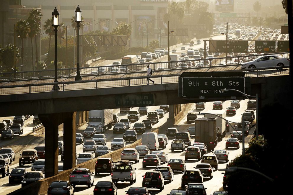 PHOTO: Traffic slows down as holiday travel increases on the Harbor Freeway in downtown Los Angeles,  on Nov. 24, 2021. 