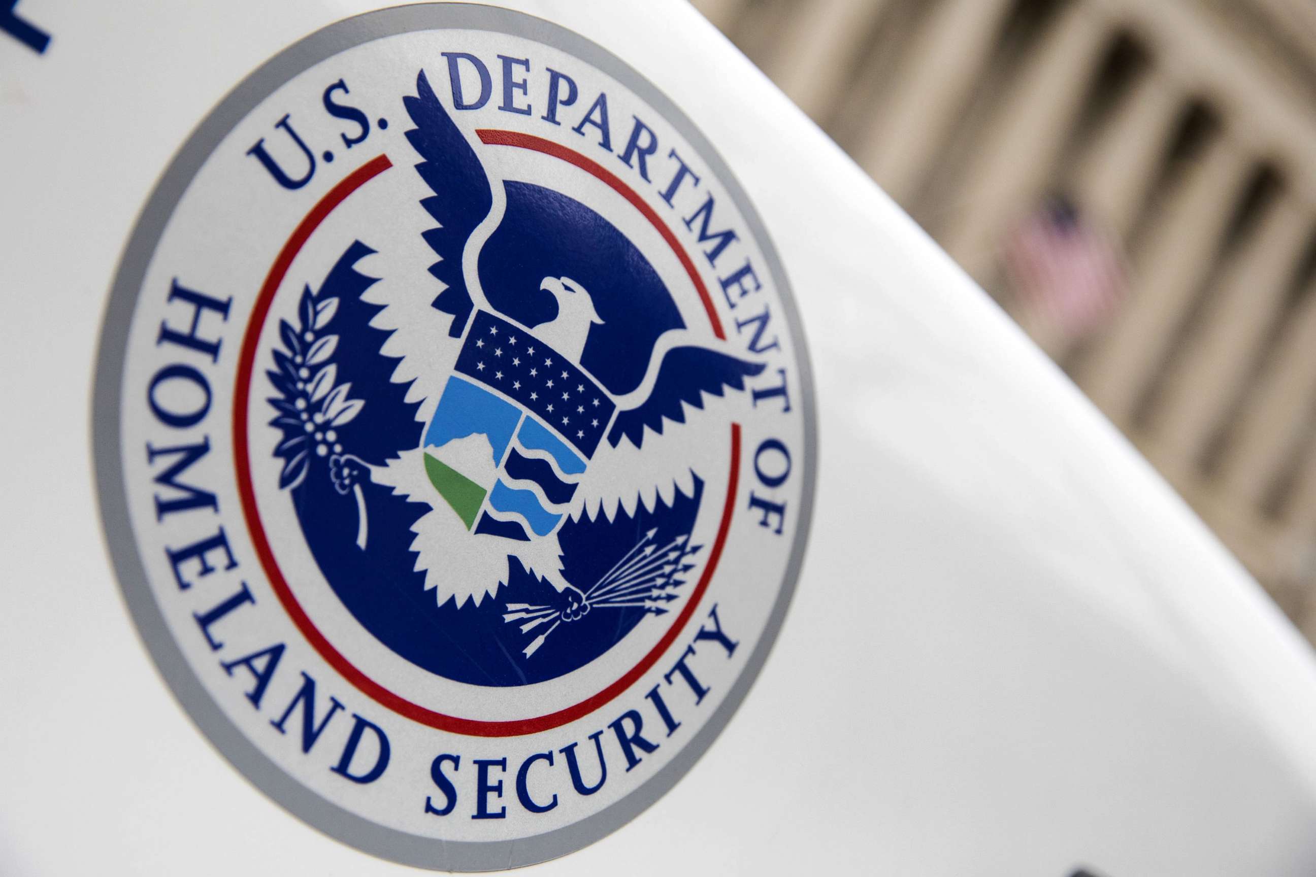 PHOTO: The Department of Homeland Security logo marks a law enforcement vehicle in Washington, March 7, 2017. 