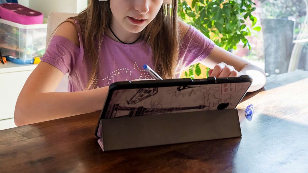PHOTO: a child studies on a computer at home.