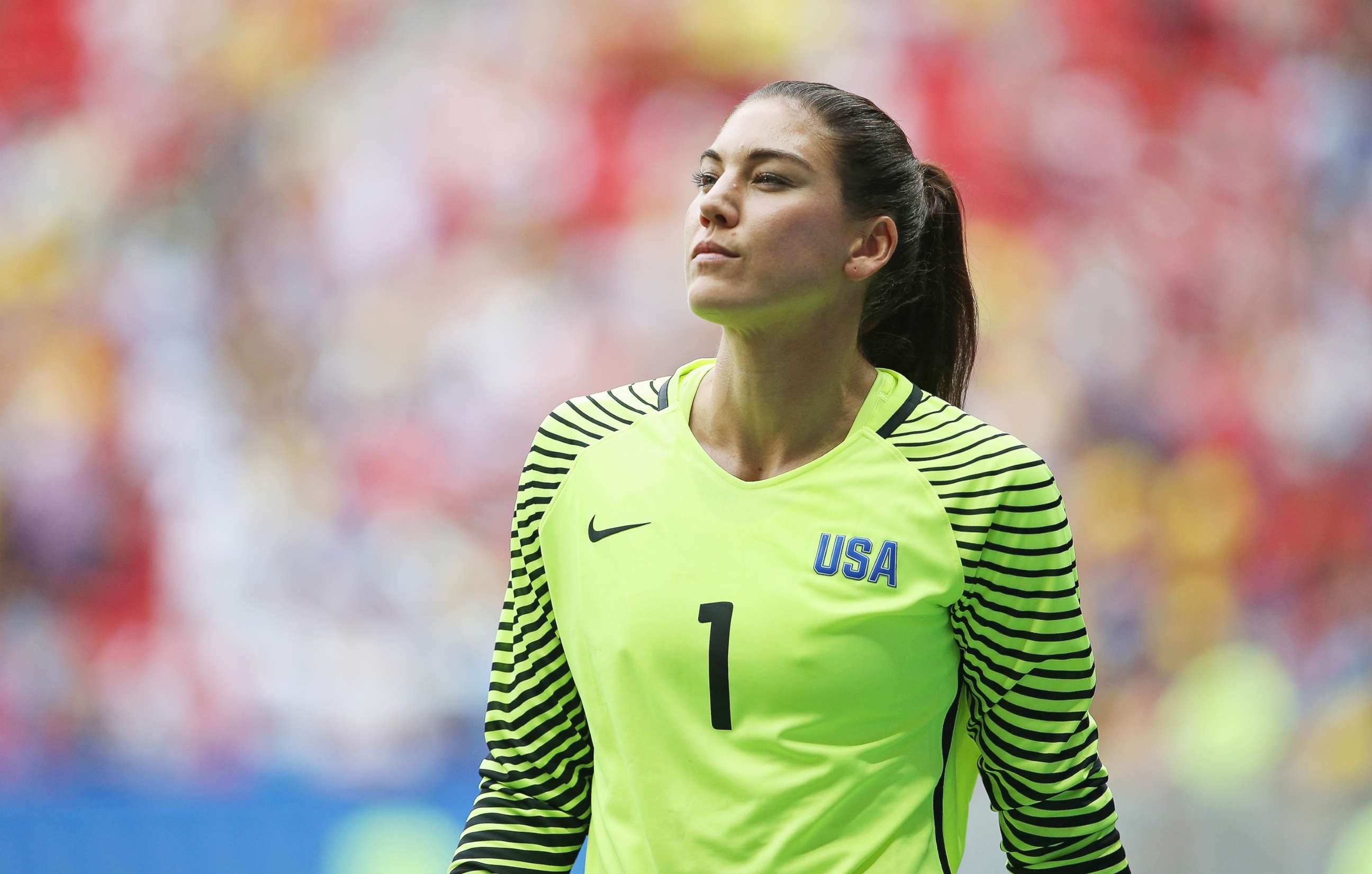 PHOTO: Hope Solo of the U.S.looks on during the penalty shoot out during the Women's Quarter Final match between U.S. and Sweden on Day 7 of the Rio 2016 Olympic Games on Aug. 12, 2016, in Brasilia, Brazil.