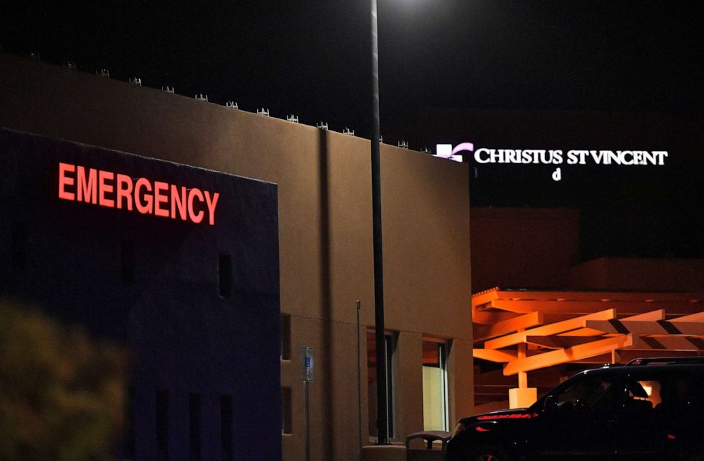 PHOTO: An exterior view near the emergency entrance to Christus St. Vincent Medical Center, where "Rust" director Joel Souza was transported, on Oct. 21, 2021 in Santa Fe, New Mexico.
