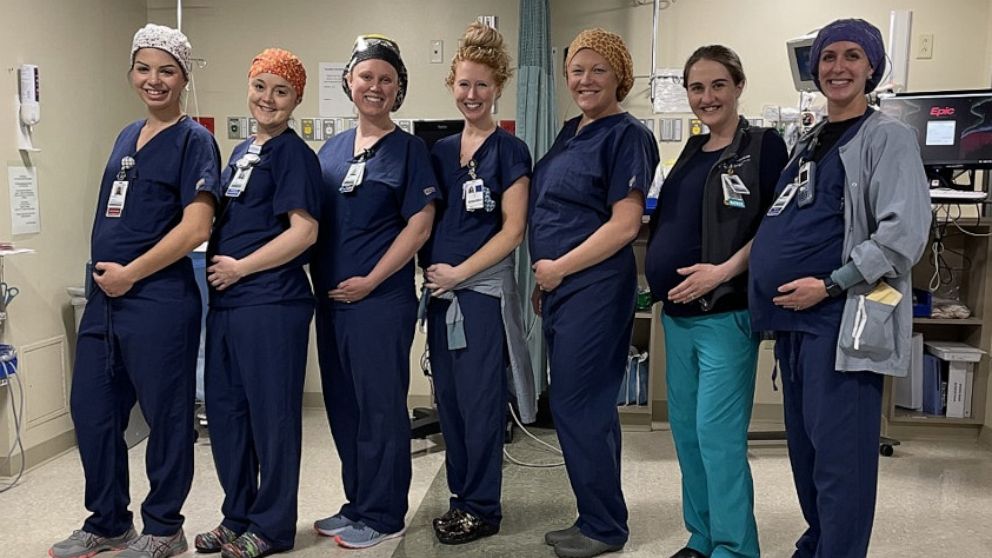 PHOTO: Ten staffers of Wentworth-Douglass Hospital in Dover, N.H. have all been pregnant at the same time. Seven of the expecting staffers are pictured.