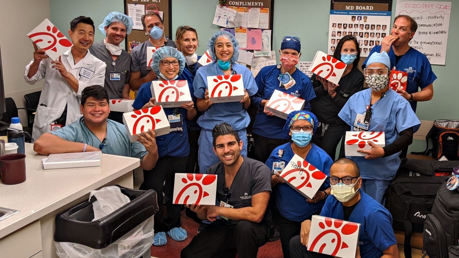 PHOTO: Emergency department employees at an Orange County, California, hospital pose with food donated during the coronavirus pandemic.