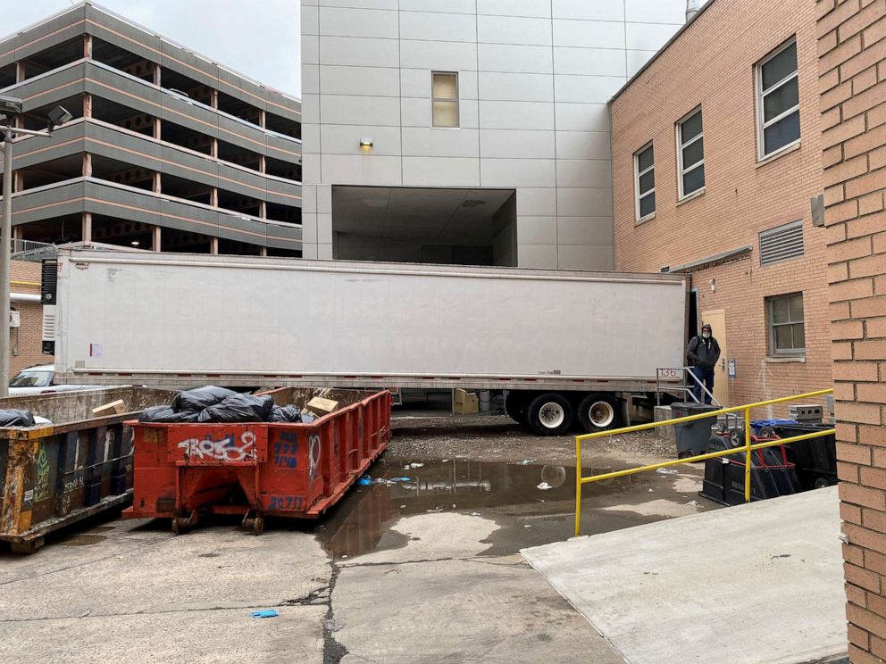 PHOTO: A refrigerated truck at Elmhurst Hospital to be used for holding deceased bodies.