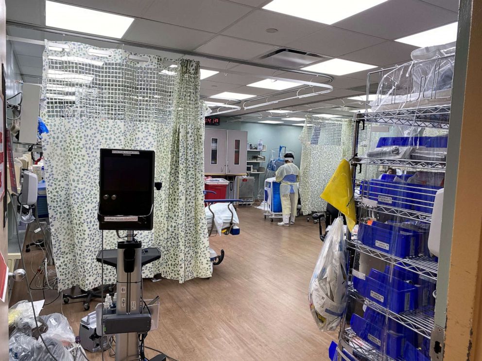PHOTO: Inside a COVID19 patient treatment area. Dr. Colleen Smith tells ABC News that multiple departments in the hospital have now been transitioned into the ICU as well.