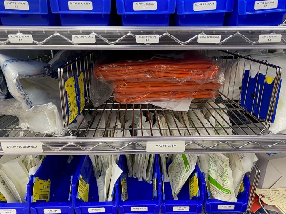 PHOTO: A supply shelf in Elmhurst Queens hospital. Dr. Colleen Smith tells ABC News the orange bags are body bags for the deceased.
