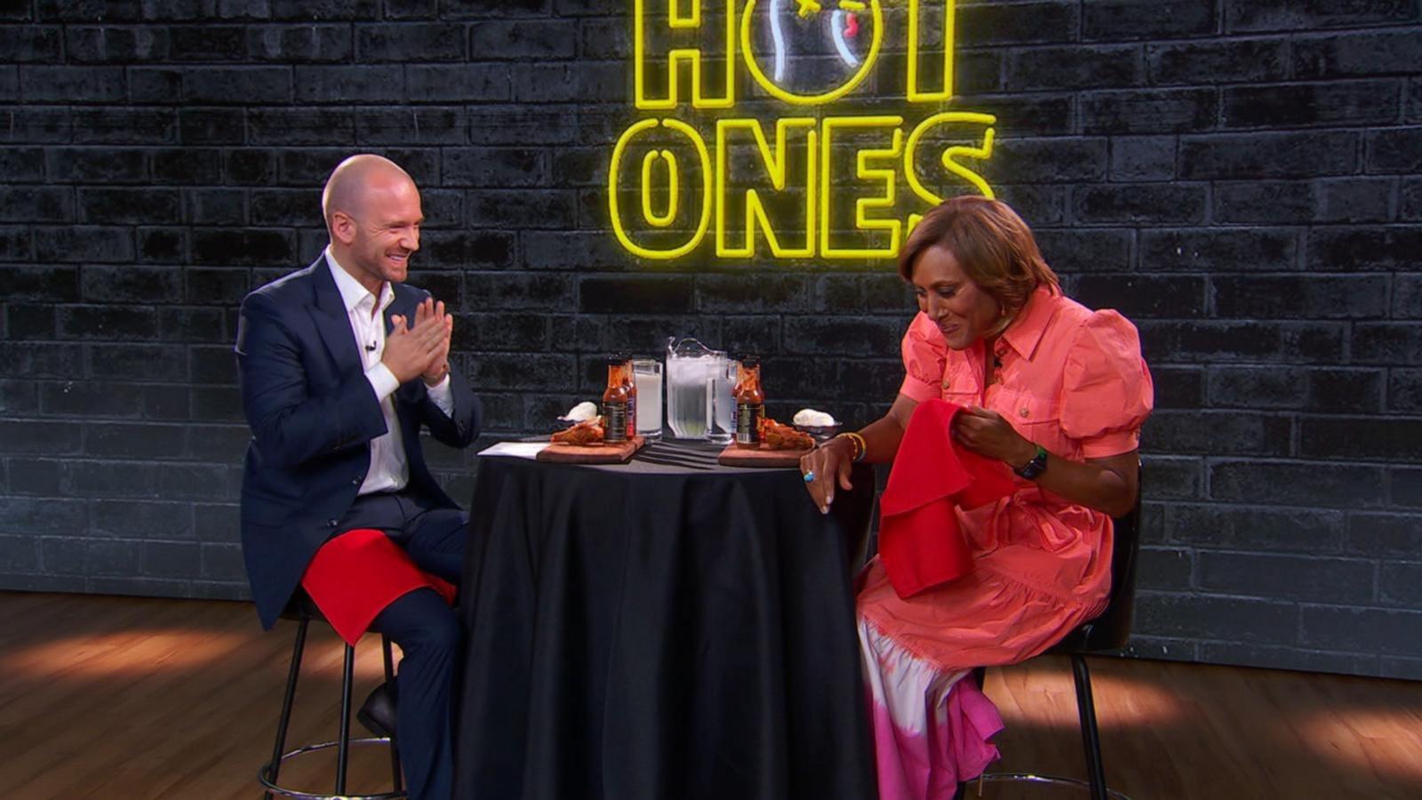 PHOTO: Hot Ones host Sean Evans enlisted "Good Morning America" anchor Robin Roberts to complete a live-version of the famed chicken wing challenge.