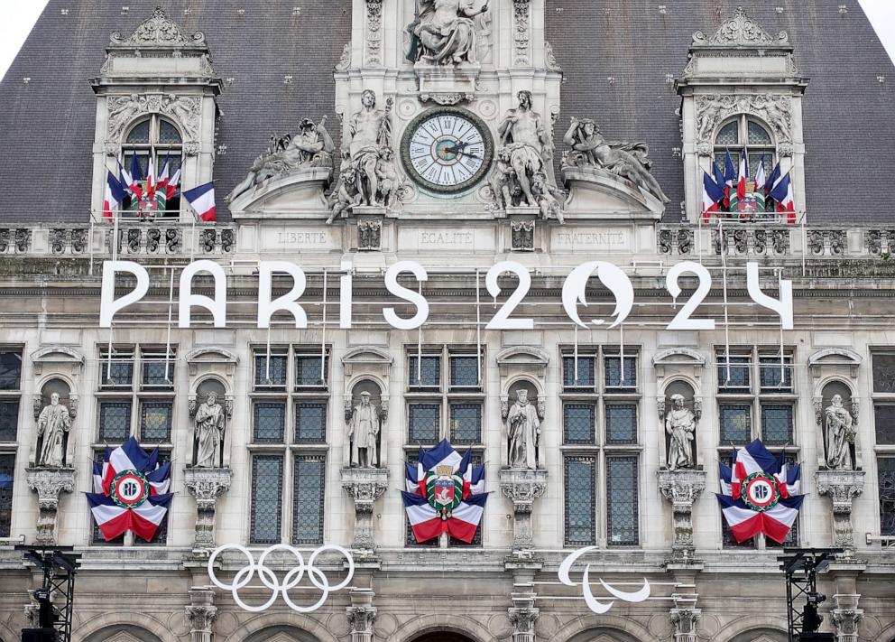 PHOTO: A general view of the facade of the Hotel de Ville is shown decorated for the Olympic Games, July 22, 2024, in Paris.