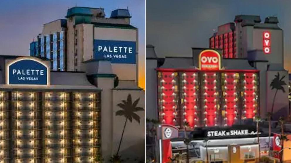 PHOTO: Photos show the Palette Las Vegas hotel listing, left, and the OYO Hotel & Casino Las Vegas, right. 