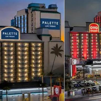 PHOTO: Photos show the Palette Las Vegas hotel listing, left, and the OYO Hotel & Casino Las Vegas, right. 