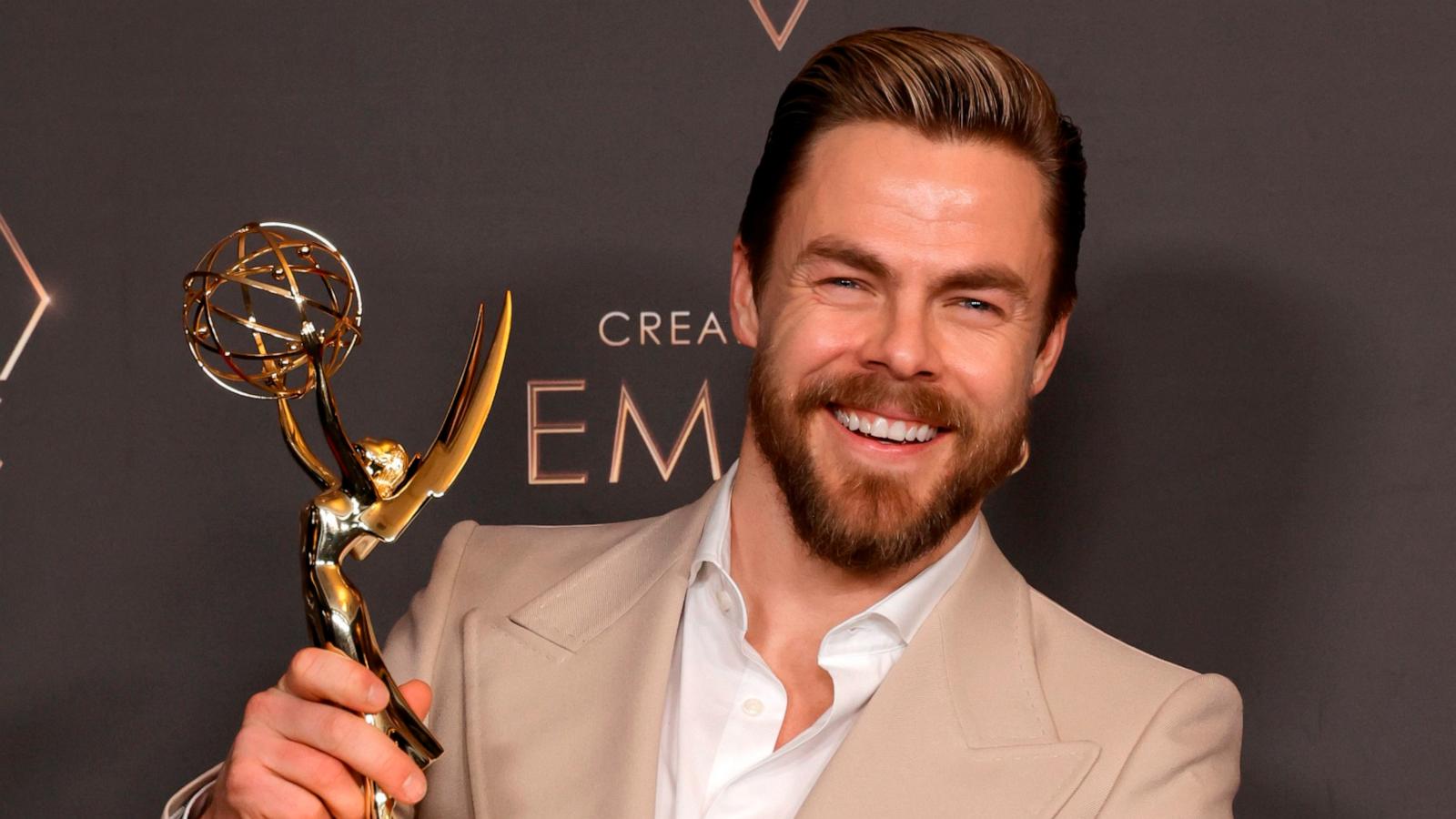 PHOTO: Derek Hough poses with the Outstanding Choreography For Variety Or Reality Programming award during the 2024 Creative Arts Emmys at Peacock Theater on Jan. 7, 2024 in Los Angeles.