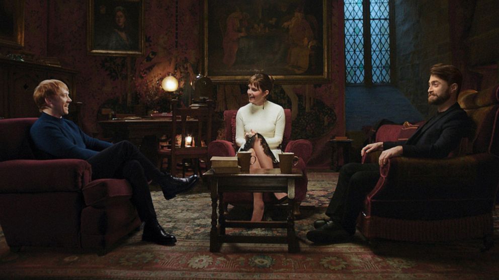 PHOTO: HBO Max released a first look photo with, left to right, Rupert Grint, Emma Watson, and Daniel Radcliffe from the set of "Harry Potter 20th Anniversary: Return to Hogwarts."