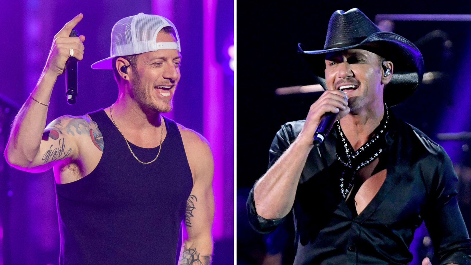 PHOTO: Tyler Hubbard of the music group Florida Georgia Line performs at "Jimmy Kimmel Live" on Nov. 11, 2019 in Los Angeles. Tim McGraw performs onstage during the 2019 iHeartRadio Music Festival on Sept. 20, 2019 in Las Vegas.