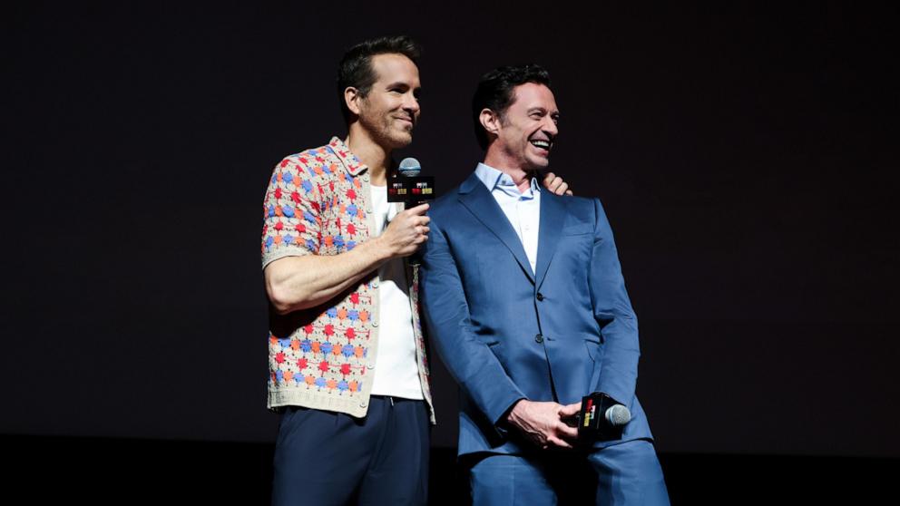 PHOTO: Ryan Reynolds and Hugh Jackman attend the Deadpool & Wolverine Shanghai Fan Event, July 2, 2024, in Shanghai.