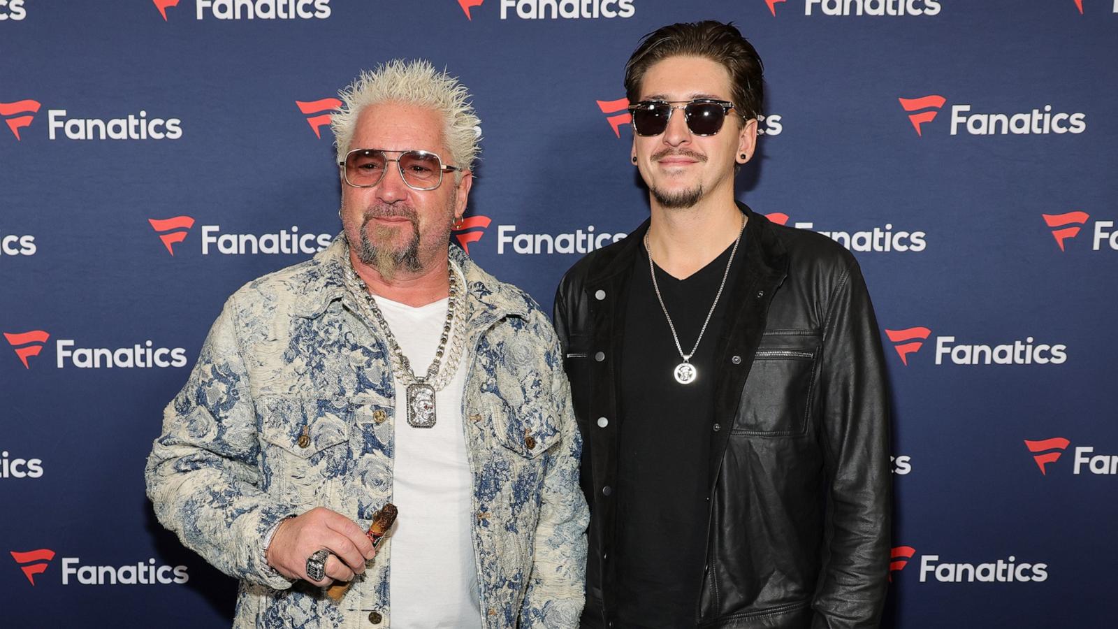 PHOTO: Guy Fieri, left, and son Hunter Fieri attend Michael Rubin's Fanatics Super Bowl party at the Marquee Nightclub at The Cosmopolitan of Las Vegas, Feb. 10, 2024, in Las Vegas.