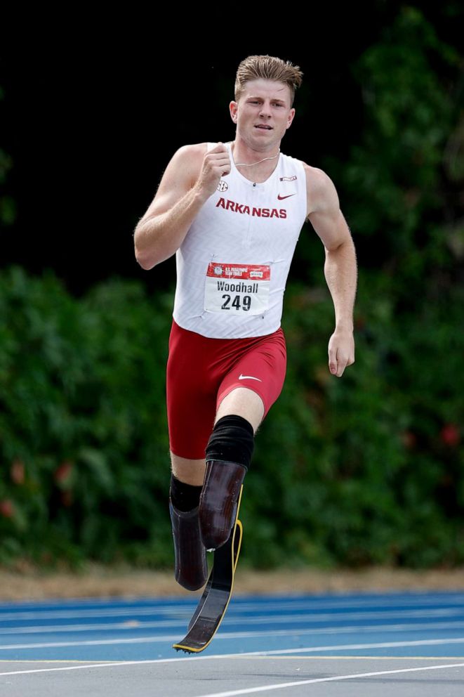 PHOTO: Hunter Woodhall competes in the Men's 400 Meter Dash T62 Ambulatory final during the 2021 U.S. Paralympic Trials at Breck High School, June 19,  2021, in Minneapolis, Minnesota.