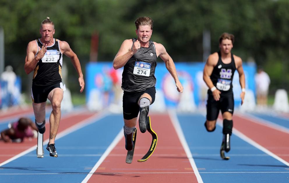 PHOTO: Hunter Woodhall competes in the Men 100 M 62.64 on Day 3 of the 2024 U.S. Paralympics Team Trials on July 20, 2024 at the Ansin Sports Complex in Miramar, Fla.