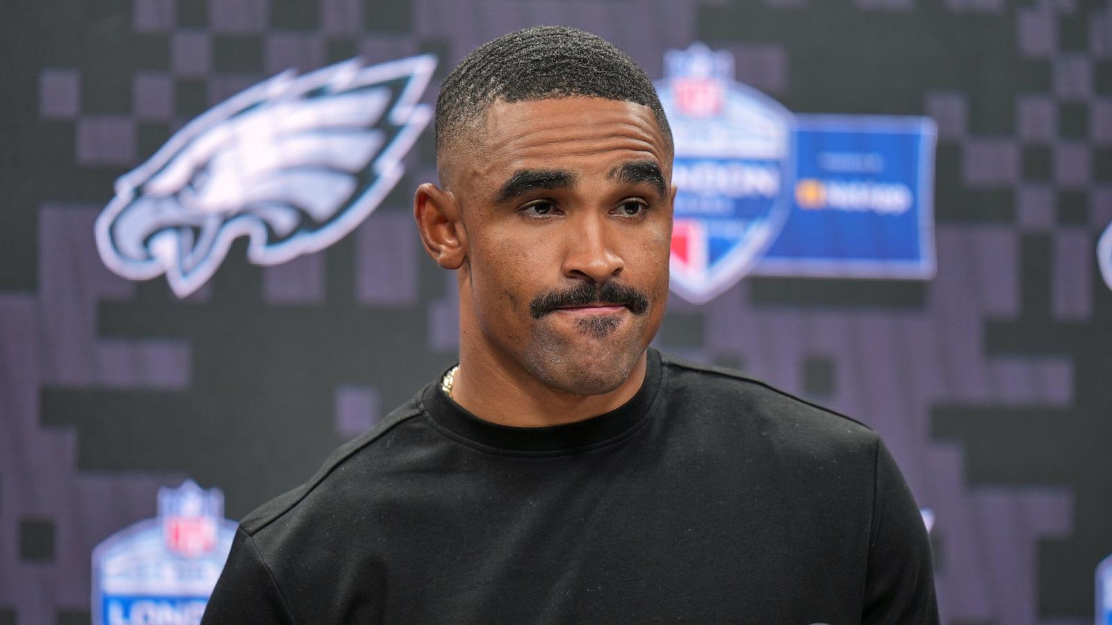 PHOTO: Philadelphia Eagles quarterback Jalen Hurts attends a press conference after an NFL football game against Jacksonville Jaguars in London, Oct. 11, 2026.
