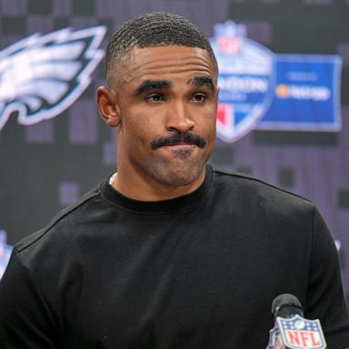 PHOTO: Philadelphia Eagles quarterback Jalen Hurts attends a press conference after an NFL football game against Jacksonville Jaguars in London, Oct. 11, 2026.