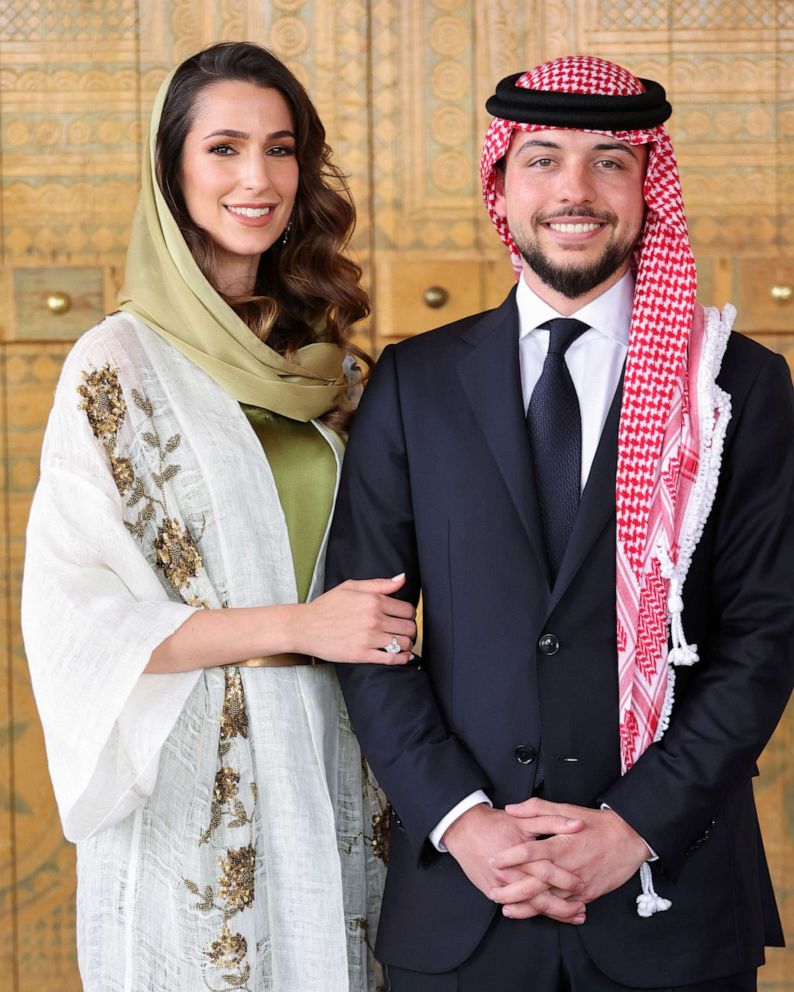 PHOTO: Jordan's Crown Prince Hussein stands with Rajwa Al Saif, the youngest daughter of Saudi businessman Khaled Al Saif, for their engagement photo in Riyadh, Saudi Arabia, released by the Royal Hashemite Court on Aug. 17, 2022.