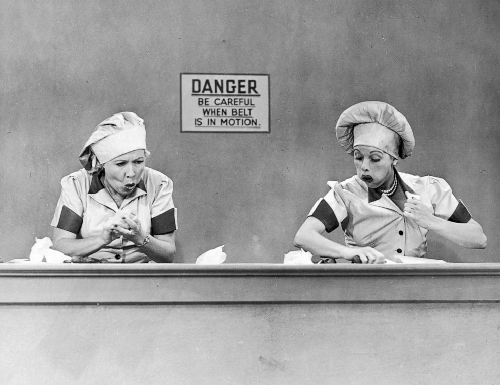 PHOTO: Vivian Vance, as Ethel Mertz, and Lucille Ball, as Lucy Ricardo, work side-by side at a candy factory conveyor belt in an episode of "I Love Lucy" entitled "Job Switching."