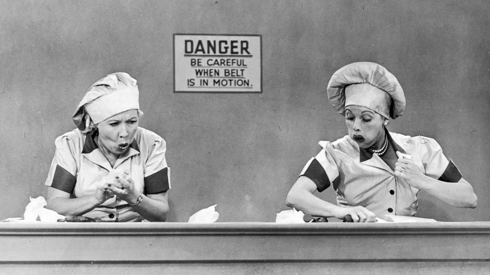 PHOTO: Vivian Vance, as Ethel Mertz, and Lucille Ball, as Lucy Ricardo, work side-by side at a candy factory conveyor belt in an episode of "I Love Lucy" entitled "Job Switching."