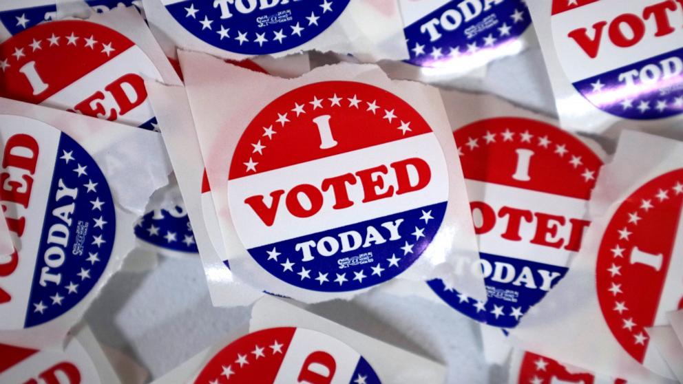 PHOTO: "I voted" stickers are seen in the Polk County Election Office during early voting, Oct. 16, 2024, in Des Moines, Iowa.