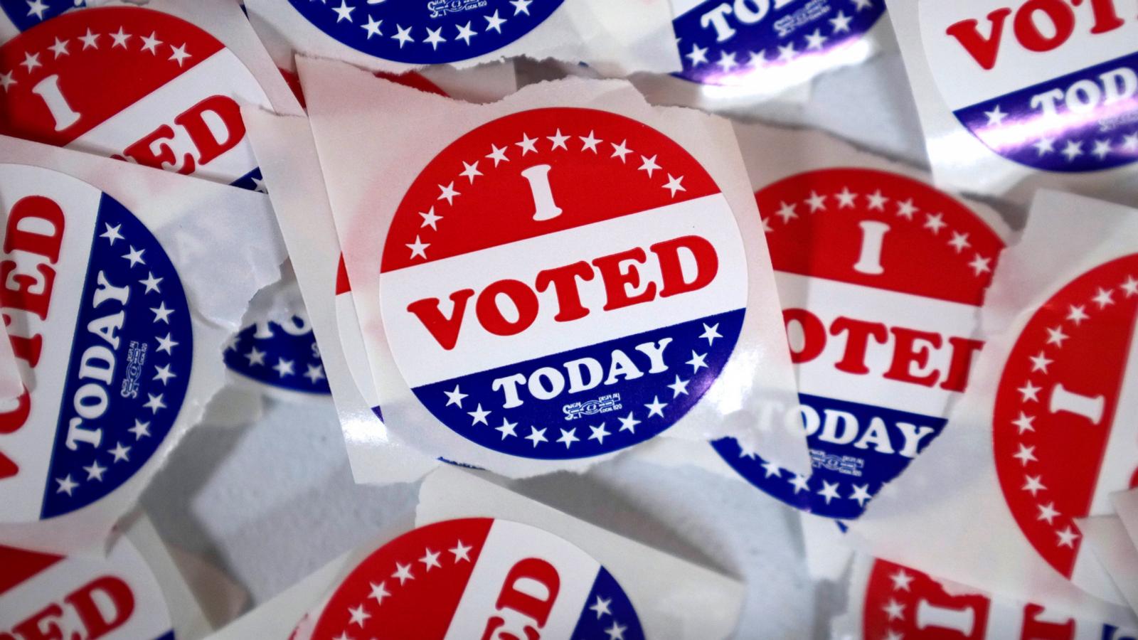 PHOTO: "I voted" stickers are seen in the Polk County Election Office during early voting, Oct. 16, 2024, in Des Moines, Iowa.