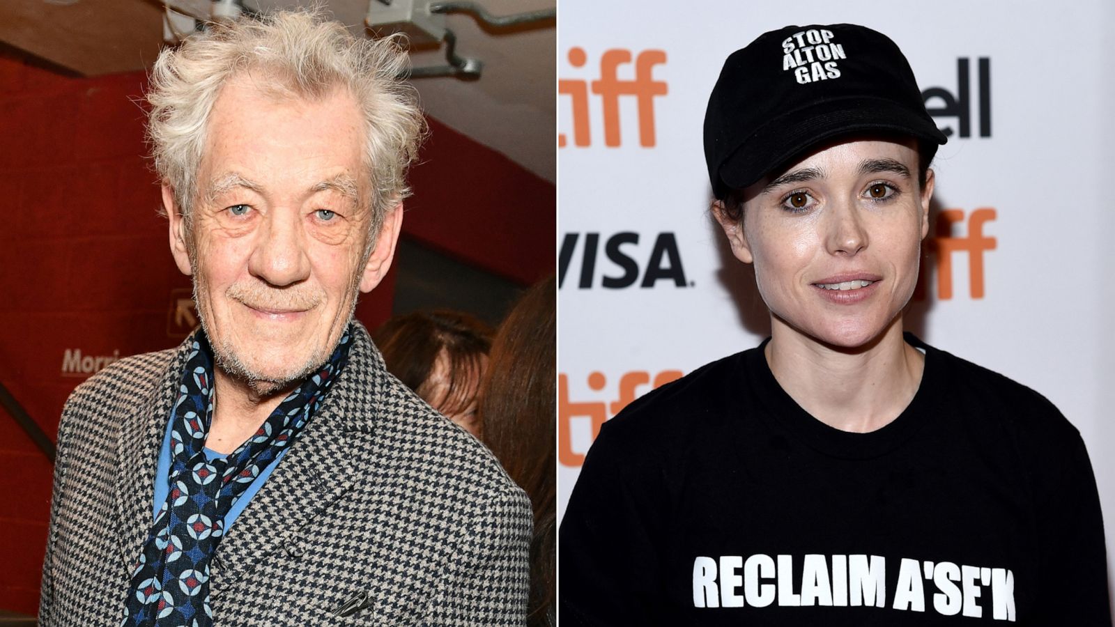 PHOTO: Sir Ian McKellen attends an event in London, Feb. 19, 2020. | In this Sept. 8, 2019, file photo, Ellen Page attends a premiere in Toronto, Canada.