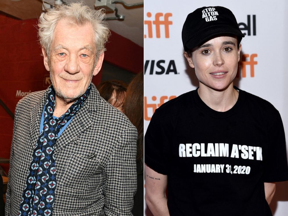PHOTO: Sir Ian McKellen attends an event in London, Feb. 19, 2020. | In this Sept. 8, 2019, file photo, Ellen Page attends a premiere in Toronto, Canada.