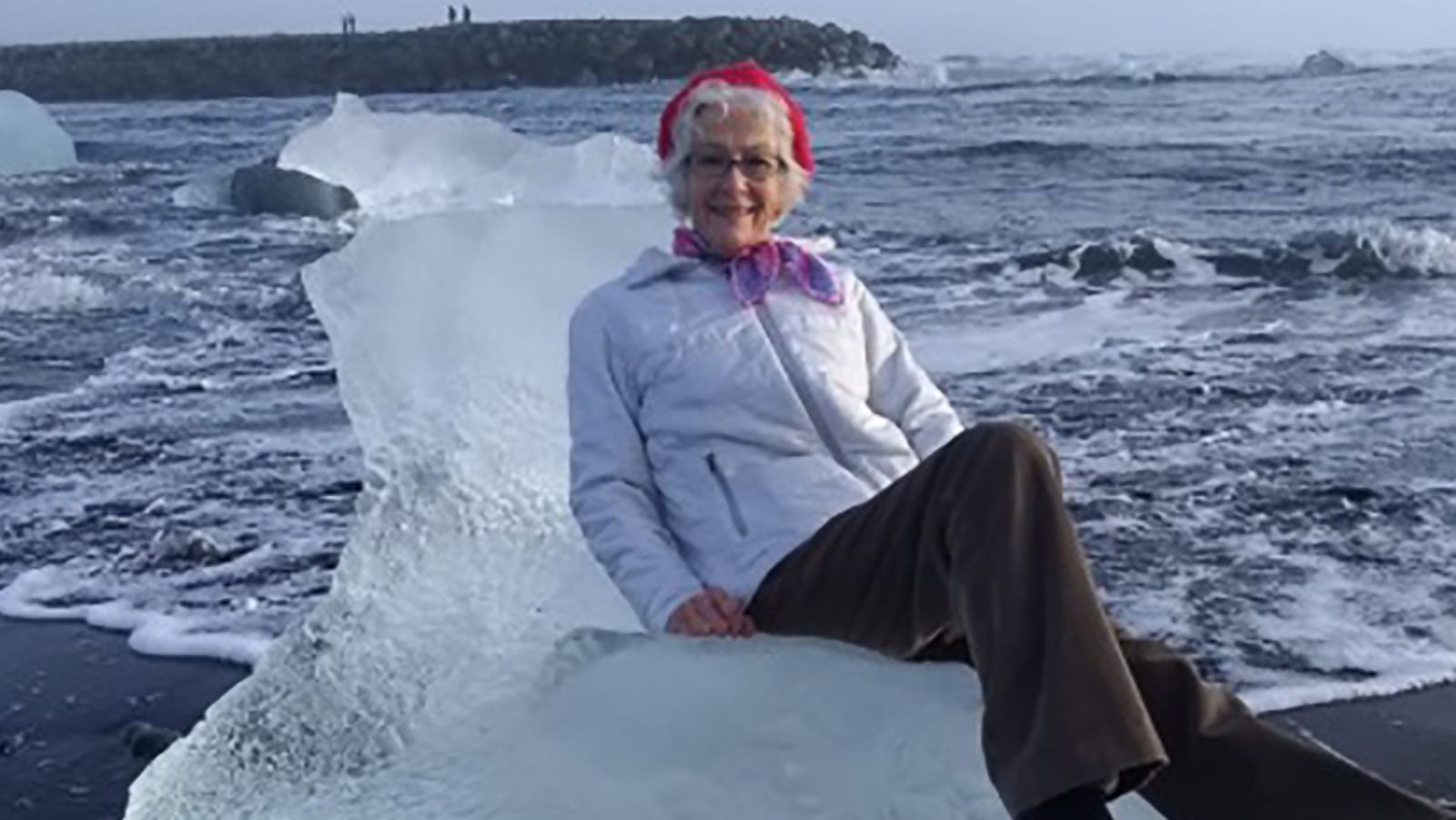 PHOTO: Judith Streng posed seated on an iceberg while her son Rod Streng took a picture before a wave pulled her out and prompted a rescue.