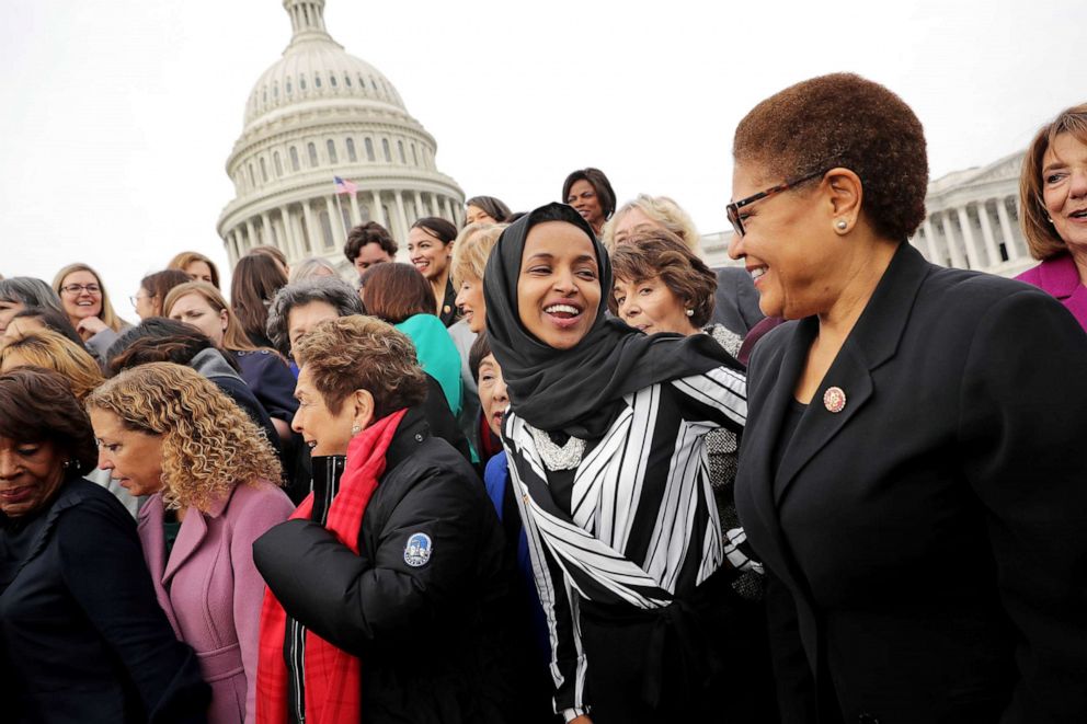 PHOTO: Rep. Ilhan Omar (C) joins her fellow House Democratic women for a portrait in front of the U.S. Capitol Jan. 4, 2019 in Washington.