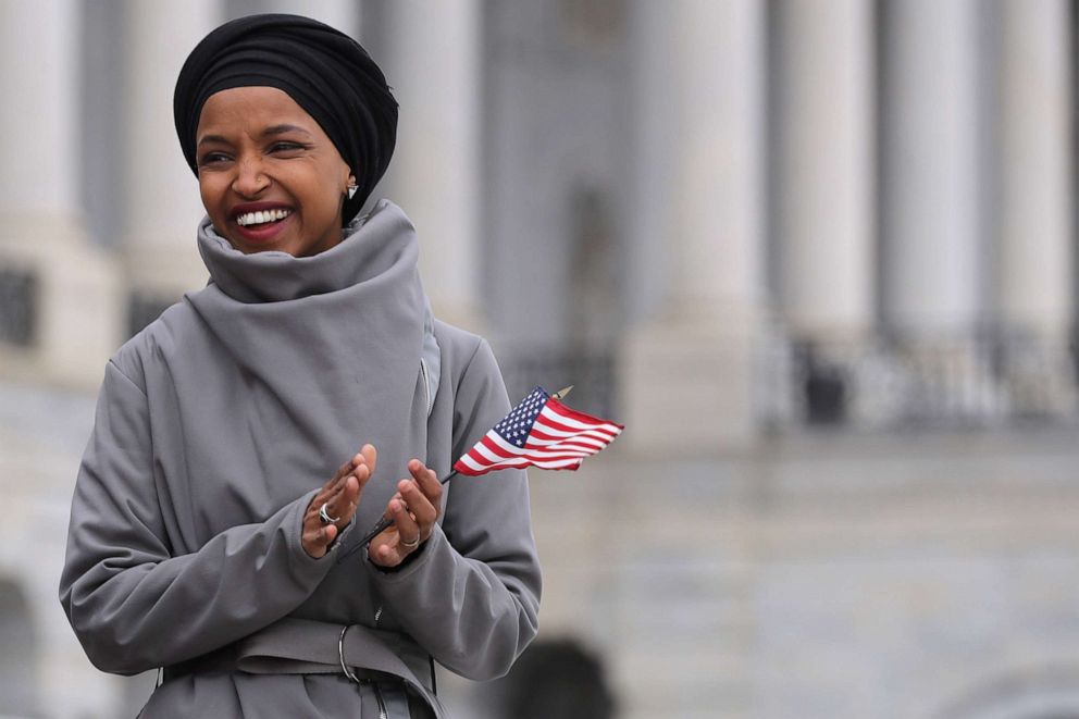 PHOTO: Rep. Ilhan Omar rallies with fellow Democrats before voting on H.R. 1, or the People Act, on the East Steps of the U.S. Capitol on March 08, 2019 in Washington.