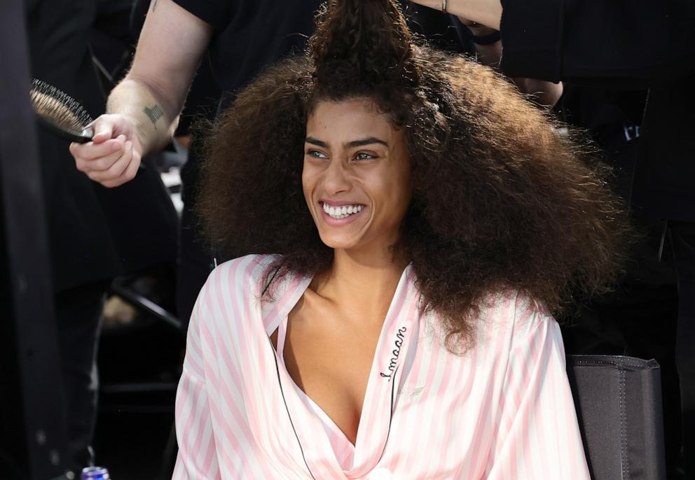 PHOTO: Imaan Hammam prepares backstage at the Victoria's Secret Fashion Show 2024 on Oct. 15, 2024, in New York.